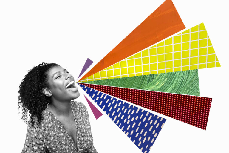 Collage with a smiling young business woman, talking with vibrant shapes as a symbol of talking different languages.