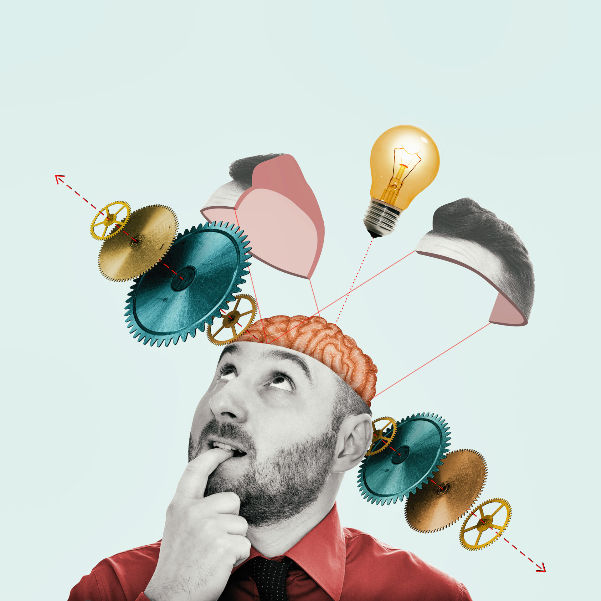 Bunte Collage mit einem nachdenkenden Mann und einer Glühbirne über seinem Kopf; als Symbol für die Digitalisierung.