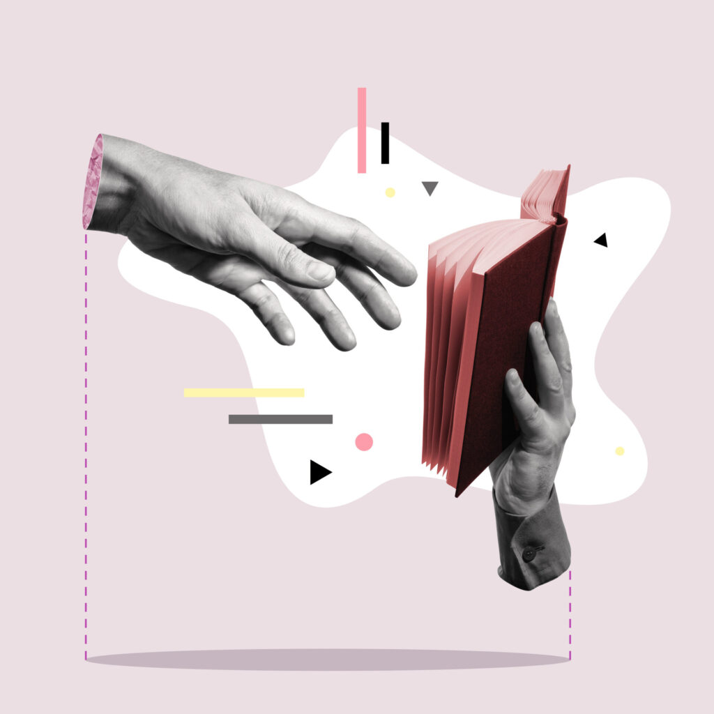 Bunte Collage mit einer Hand, die nach einem Buch greift; als Symbol für Fortbildungen.