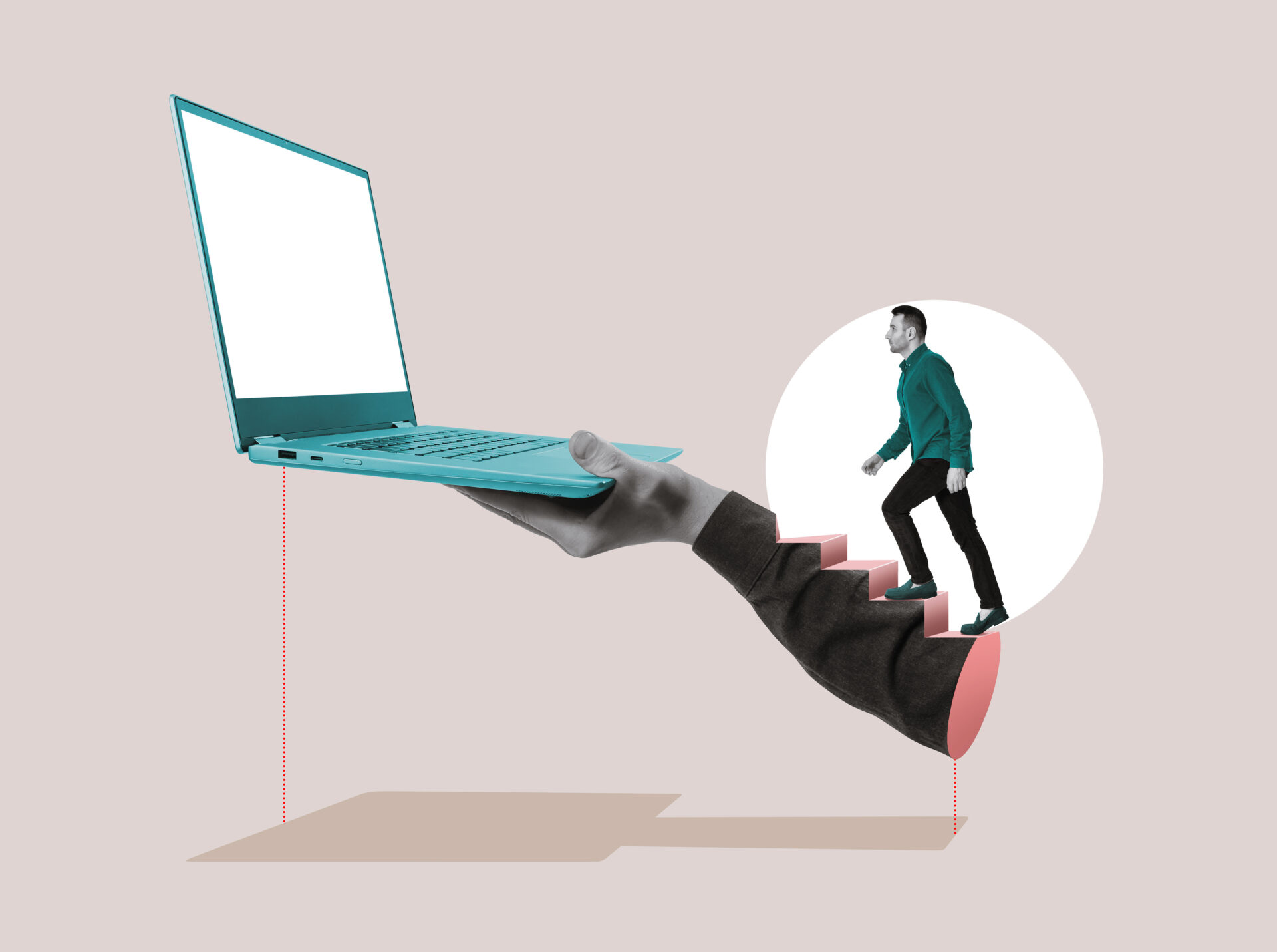 Collage mit einem Mann, der eine Treppe zu einem großen Laptop hinauf geht; als Symbol für digitale Transformation.