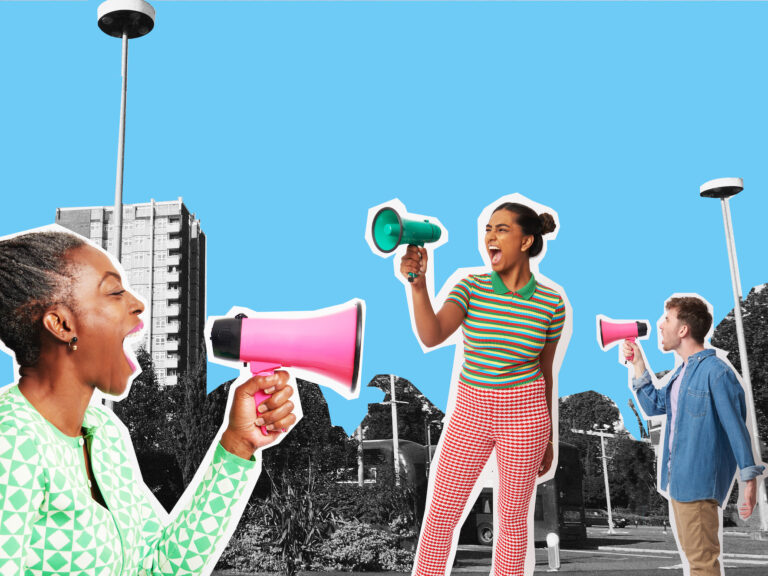 Collage with young women talking with megaphones, as a symbol of communication.