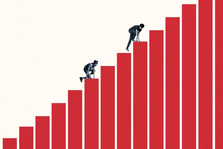 Two young people climb upturned stairs as a symbol of an increase in turnover.