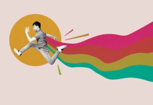 Collage of an energetic man leaping through the air with rainbow trail as a symbol of personal development.