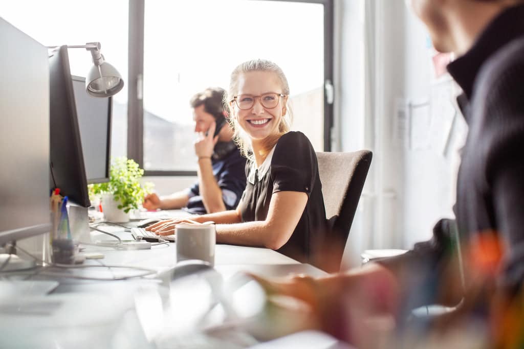 Smiling employees are working at their workplace.