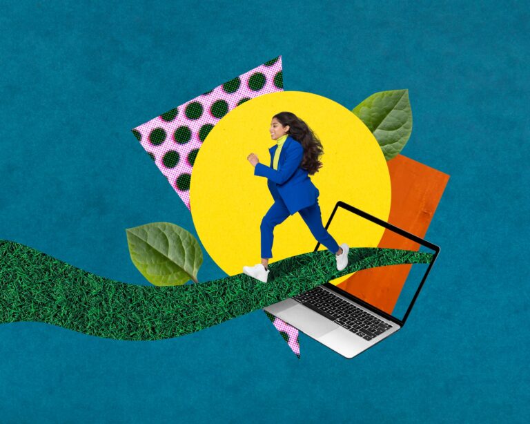 Collage image of Business woman running out of computer into a new beginning.l