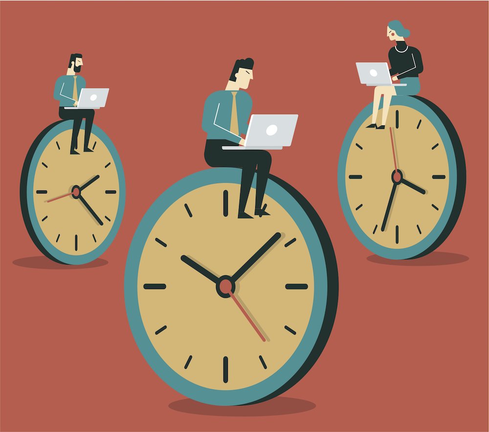 Collage mit drei großen Uhren, auf denen Geschäftsleute mit Laptops sitzen; als Symbol für die 30-Stunden-Woche.