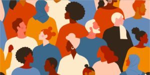 Collage mit gezeichneten Menschen aller Hautfarben.