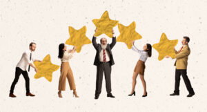Collage with business people holding up big stars to symbolize that they are a successful e-learning company.