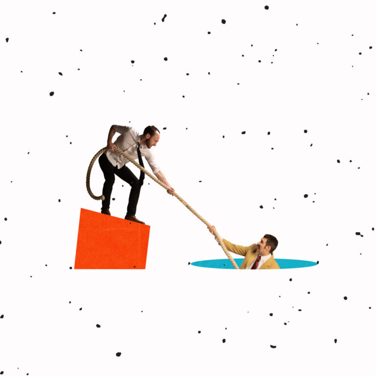 Bunte Collage mit einem Mann, der einen anderen Mann mit einem Seil aus einem Loch zieht, als Symbol für Hilfe bei Burnout.