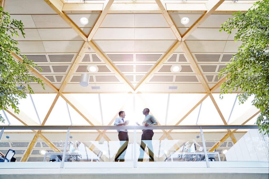 Two business man are talking in a modern office that has wooden panels and big green plants.